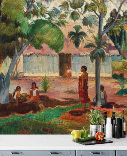 green and orange fine art wallpaper mural called The Large Tree by Paul Gauguin green and orange fine art wallpaper mural called The Large Tree by Paul Gauguin