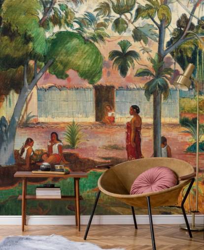 green and orange fine art wallpaper mural called The Large Tree by Paul Gauguin
