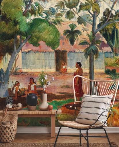 green and orange fine art wallpaper mural called The Large Tree by Paul Gauguin green and orange fine art wallpaper mural called The Large Tree by Paul Gauguin