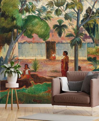 green and orange fine art wallpaper mural called The Large Tree by Paul Gauguin green and orange fine art wallpaper mural called The Large Tree by Paul Gauguin