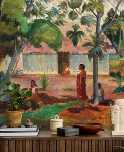 green and orange fine art wallpaper mural called The Large Tree by Paul Gauguin