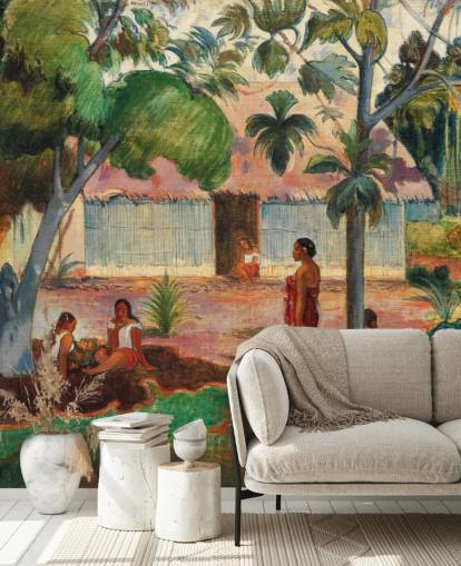 mural de papel pintado de bellas artes verde y naranja llamado El árbol grande de Paul Gauguin