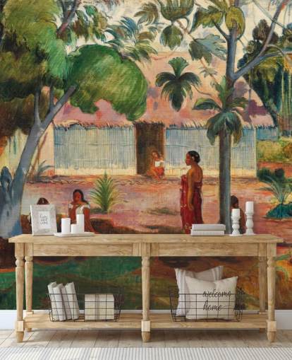 green and orange fine art wallpaper mural called The Large Tree by Paul Gauguin