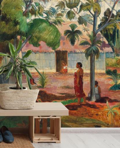 green and orange fine art wallpaper mural called The Large Tree by Paul Gauguin