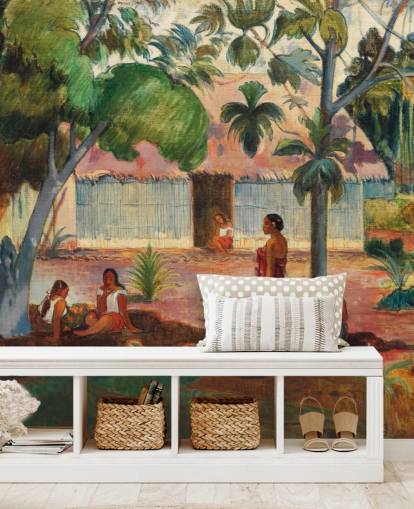green and orange fine art wallpaper mural called The Large Tree by Paul Gauguin