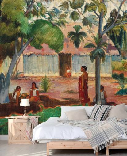green and orange fine art wallpaper mural called The Large Tree by Paul Gauguin green and orange fine art wallpaper mural called The Large Tree by Paul Gauguin