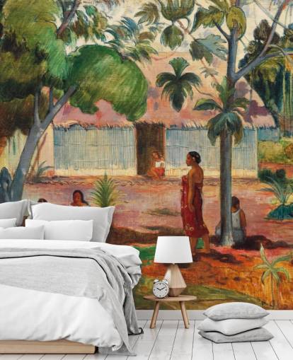 green and orange fine art wallpaper mural called The Large Tree by Paul Gauguin