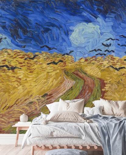 blue and gold van gogh wallpaper mural called Wheatfield with Crows for bedrooms, living rooms and home offices