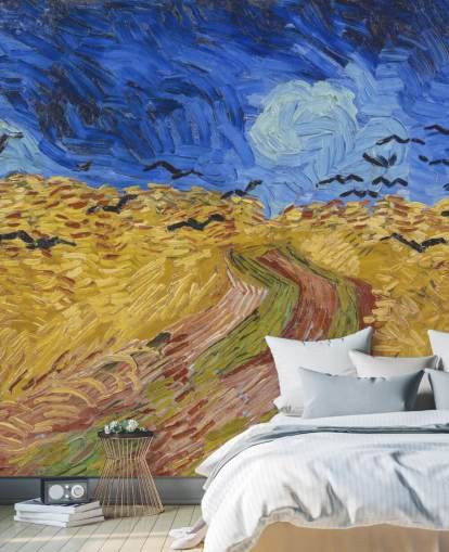 sininen ja kultainen van gogh -taustakuvamaalaus nimeltä Wheatfield with Crows makuuhuoneisiin, olohuoneisiin ja kotitoimistoihin
