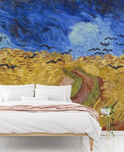 mural de papel de parede van gogh azul e dourado chamado Wheatfield with Crows para quartos, salas de estar e escritórios domésticos mural de papel de parede van gogh azul e dourado chamado Wheatfield with Crows para quartos, salas de estar e escritórios domésticos