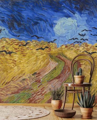 carta da parati murale blu e oro di van gogh chiamata Wheatfield with Crows per camere da letto, salotti e uffici domestici