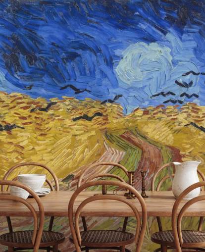mural de papel de parede van gogh azul e dourado chamado Wheatfield with Crows para quartos, salas de estar e escritórios domésticos mural de papel de parede van gogh azul e dourado chamado Wheatfield with Crows para quartos, salas de estar e escritórios domésticos