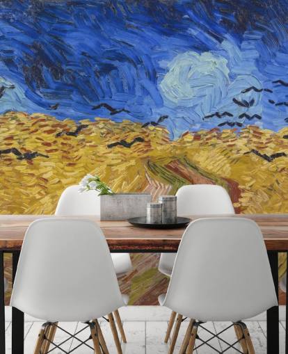 blue and gold van gogh wallpaper mural called Wheatfield with Crows for bedrooms, living rooms and home offices blue and gold van gogh wallpaper mural called Wheatfield with Crows for bedrooms, living rooms and home offices