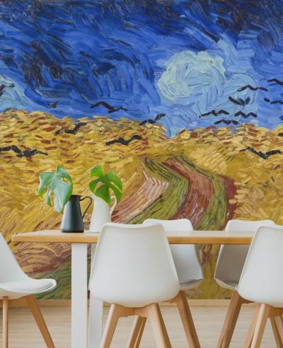 blue and gold van gogh wallpaper mural called Wheatfield with Crows for bedrooms, living rooms and home offices