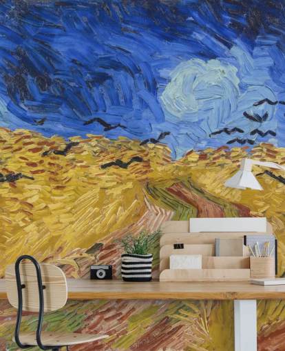blue and gold van gogh wallpaper mural called Wheatfield with Crows for bedrooms, living rooms and home offices