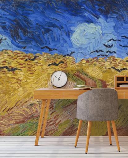 blauwe en gouden van gogh behangmuurschildering genaamd Wheatfield with Crows voor slaapkamers, woonkamers en thuiskantoren blauwe en gouden van gogh behangmuurschildering genaamd Wheatfield with Crows voor slaapkamers, woonkamers en thuiskantoren
