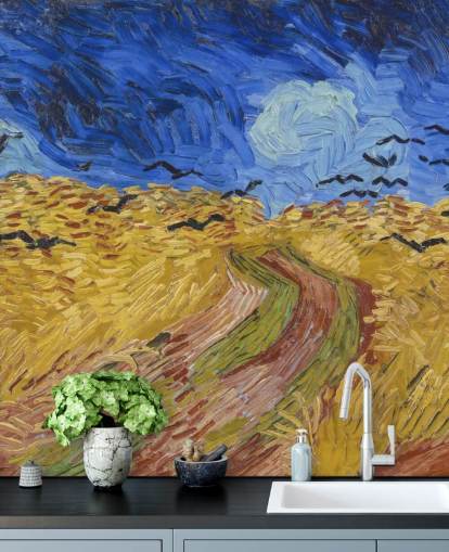 blå och guld van gogh tapetväggmålning kallad Wheatfield with Crows för sovrum, vardagsrum och hemmakontor
