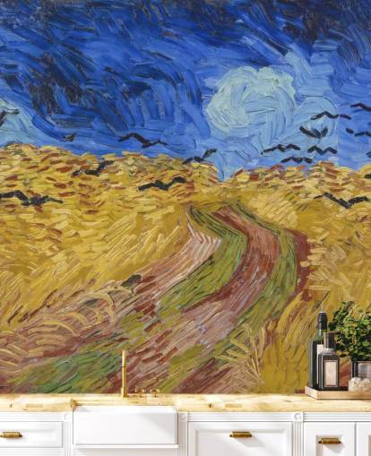 blå och guld van gogh tapetväggmålning kallad Wheatfield with Crows för sovrum, vardagsrum och hemmakontor