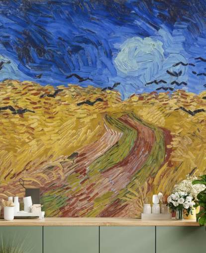 blå og guld van gogh tapetmaleri kaldet Wheatfield with Crows til soveværelser, stuer og hjemmekontorer blå og guld van gogh tapetmaleri kaldet Wheatfield with Crows til soveværelser, stuer og hjemmekontorer