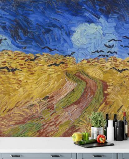 blå och guld van gogh tapetväggmålning kallad Wheatfield with Crows för sovrum, vardagsrum och hemmakontor blå och guld van gogh tapetväggmålning kallad Wheatfield with Crows för sovrum, vardagsrum och hemmakontor
