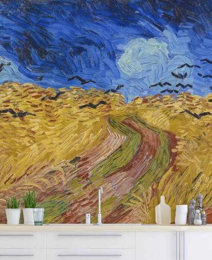 blå och guld van gogh tapetväggmålning kallad Wheatfield with Crows för sovrum, vardagsrum och hemmakontor blå och guld van gogh tapetväggmålning kallad Wheatfield with Crows för sovrum, vardagsrum och hemmakontor