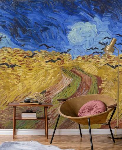 carta da parati murale blu e oro di van gogh chiamata Wheatfield with Crows per camere da letto, salotti e uffici domestici
