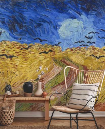 mural de papel pintado azul y dorado de Van Gogh llamado Campo de trigo con cuervos para dormitorios, salas de estar y oficinas en casa mural de papel pintado azul y dorado de Van Gogh llamado Campo de trigo con cuervos para dormitorios, salas de estar y oficinas en casa