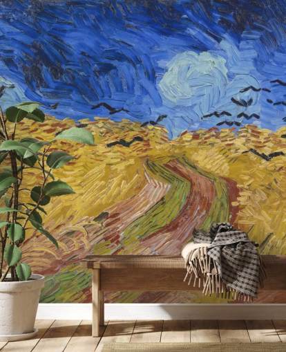 blue and gold van gogh wallpaper mural called Wheatfield with Crows for bedrooms, living rooms and home offices
