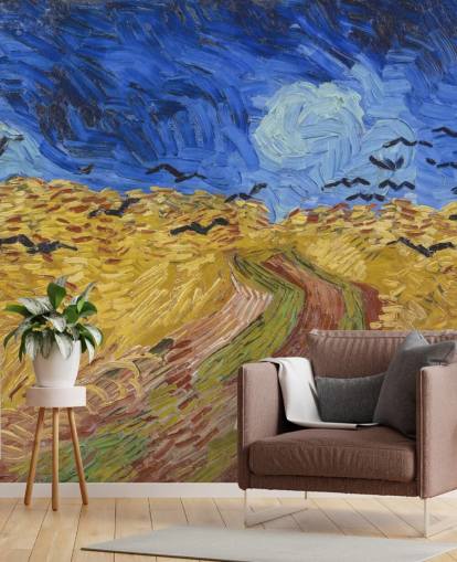 Blau-goldene Van Gogh-Tapete namens Wheatfield with Crows für Schlafzimmer, Wohnzimmer und Heimbüros