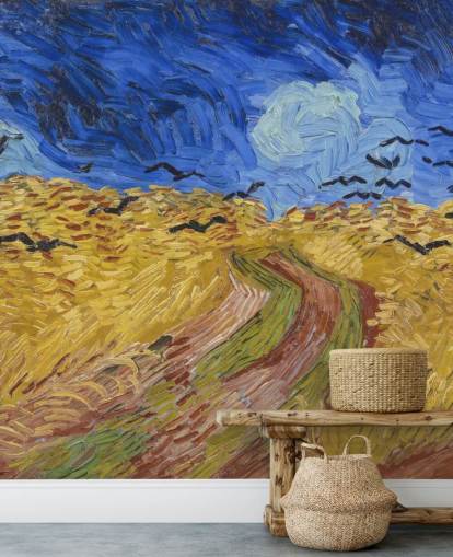 mural de papel de parede van gogh azul e dourado chamado Wheatfield with Crows para quartos, salas de estar e escritórios domésticos
