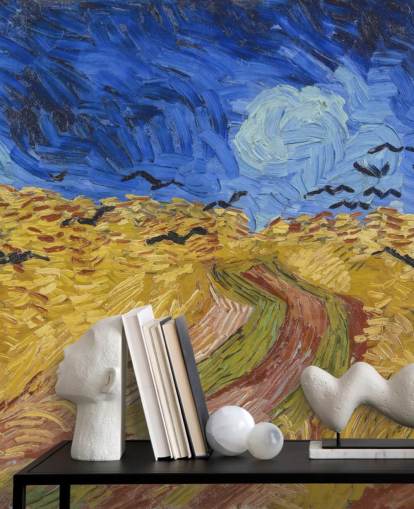 carta da parati murale blu e oro di van gogh chiamata Wheatfield with Crows per camere da letto, salotti e uffici domestici