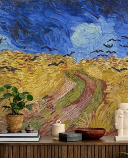 mural de papel pintado azul y dorado de Van Gogh llamado Campo de trigo con cuervos para dormitorios, salas de estar y oficinas en casa mural de papel pintado azul y dorado de Van Gogh llamado Campo de trigo con cuervos para dormitorios, salas de estar y oficinas en casa