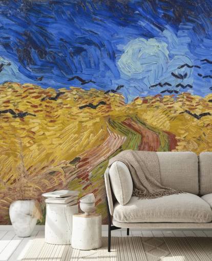 Blau-goldene Van Gogh-Tapete namens Wheatfield with Crows für Schlafzimmer, Wohnzimmer und Heimbüros