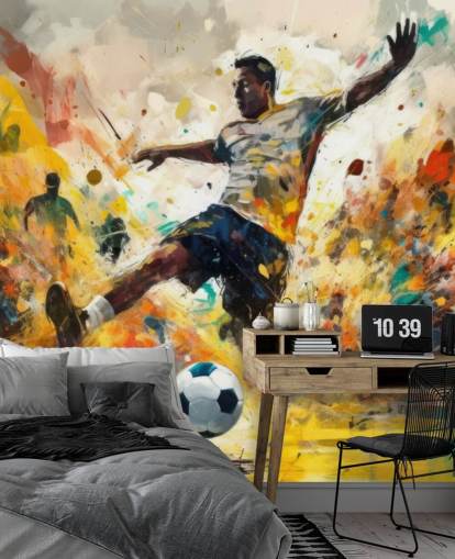 levendige voetbalbehangmuurschildering genaamd Street Soccer voor slaapkamers en voetbalclubs