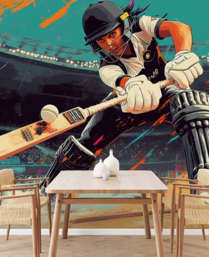 cricket behangmuurschildering genaamd Cricket Player Illustration voor slaapkamers en sportclubs cricket behangmuurschildering genaamd Cricket Player Illustration voor slaapkamers en sportclubs