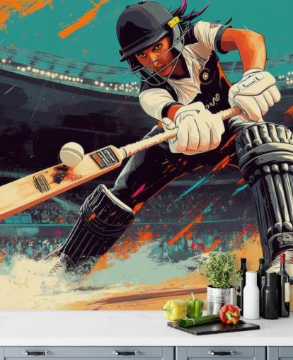 krikettitaustakuvamaalaus nimeltä Cricket Player Illustration makuuhuoneisiin ja urheiluseuroihin