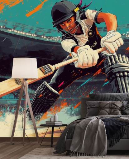 cricket behangmuurschildering genaamd Cricket Player Illustration voor slaapkamers en sportclubs