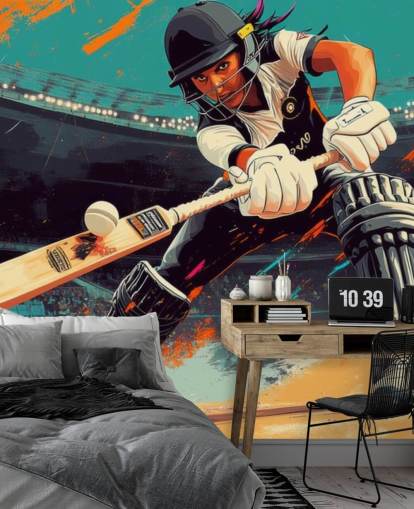 mural de papel pintado de críquet llamado Cricket Player Illustration para dormitorios y clubes deportivos