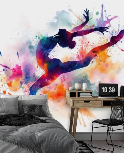 mural de papel de parede de ginástica personalizável chamado Gymnast Silhouette para quartos e clubes esportivos