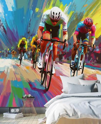 colorido mural de papel pintado para ciclistas llamado Abstract Cyclists para hogares, oficinas y clubes deportivos