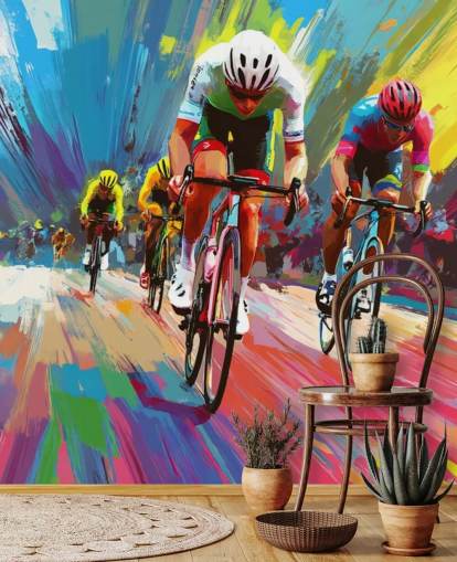 fargerikt sykkeltapet veggmaleri kalt Abstract Cyclists for hjem, kontorer og idrettsklubber