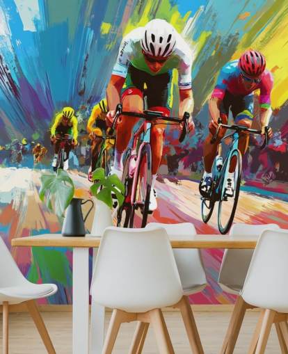 colorido mural de papel pintado para ciclistas llamado Abstract Cyclists para hogares, oficinas y clubes deportivos