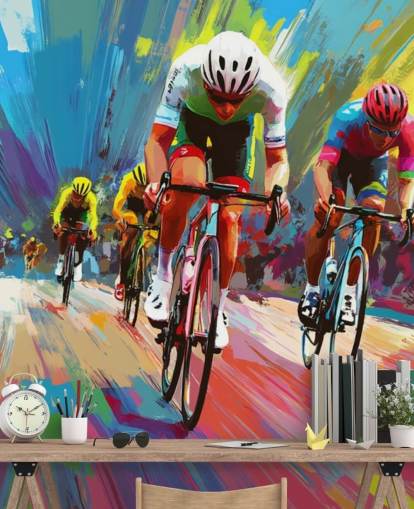 kleurrijke fietsbehangmuurschildering genaamd Abstract Cyclists voor huizen, kantoren en sportclubs