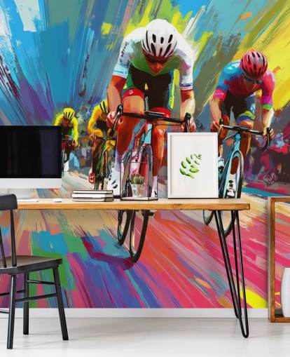 colorido mural de papel pintado para ciclistas llamado Abstract Cyclists para hogares, oficinas y clubes deportivos