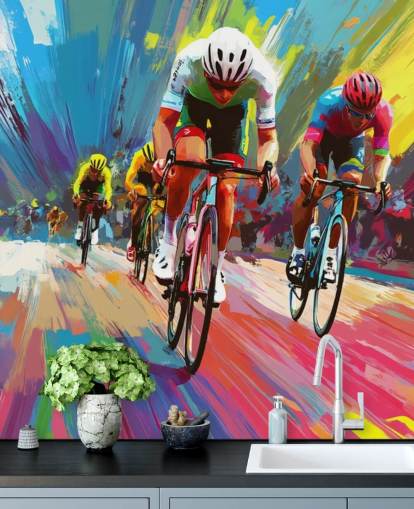 kleurrijke fietsbehangmuurschildering genaamd Abstract Cyclists voor huizen, kantoren en sportclubs