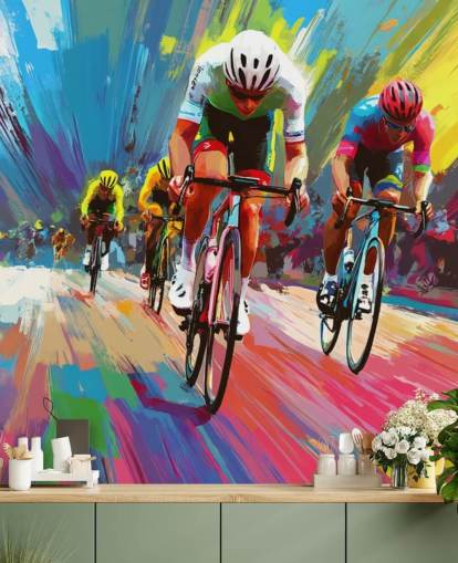 colorido mural de papel pintado para ciclistas llamado Abstract Cyclists para hogares, oficinas y clubes deportivos colorido mural de papel pintado para ciclistas llamado Abstract Cyclists para hogares, oficinas y clubes deportivos