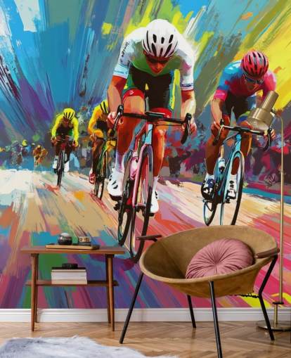 papier peint mural coloré sur le cyclisme appelé Abstract Cyclists pour les maisons, les bureaux et les clubs de sport