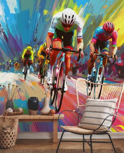 colorido mural de papel pintado para ciclistas llamado Abstract Cyclists para hogares, oficinas y clubes deportivos