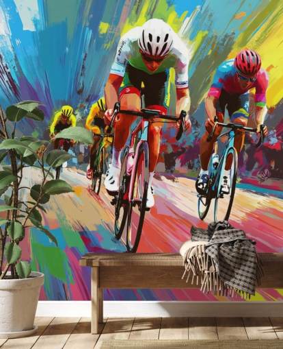 colorido mural de papel pintado para ciclistas llamado Abstract Cyclists para hogares, oficinas y clubes deportivos