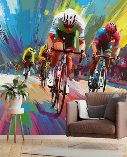 värikäs pyöräilytaustakuvamaalaus nimeltä Abstract Cyclists koteihin, toimistoihin ja urheiluseuroihin